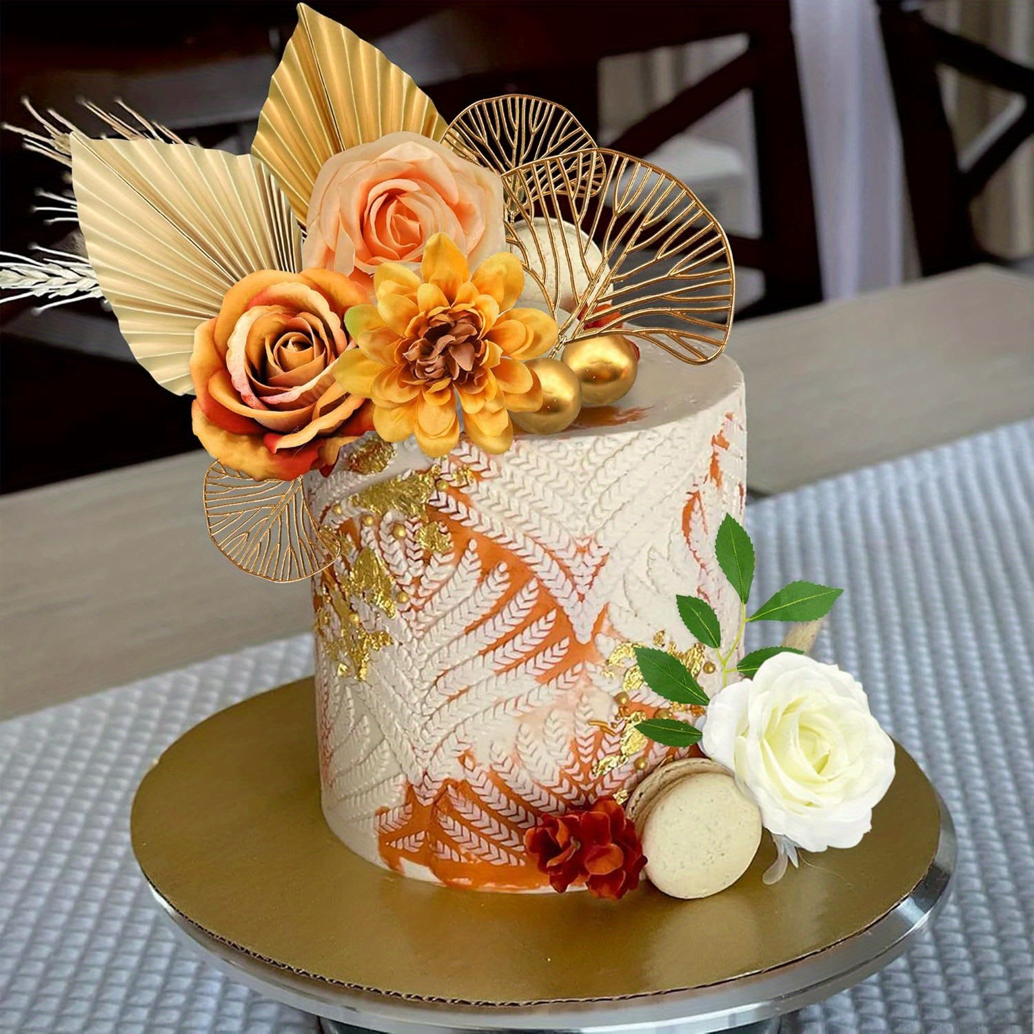 10pcs golden boho cake decorations palm leaf rose toppers