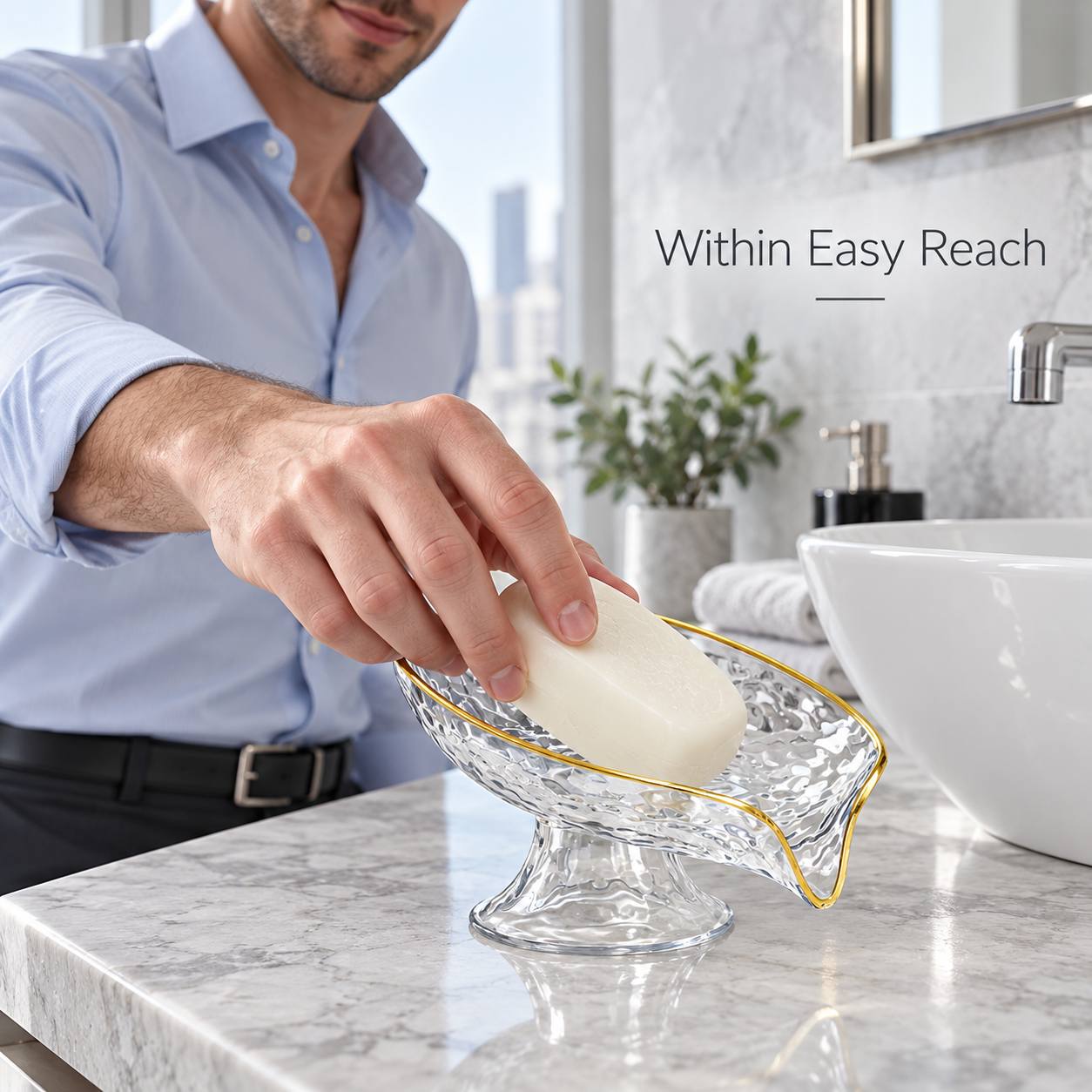 Golden-Edged Transparent Soap Dish with Slanted Drainage