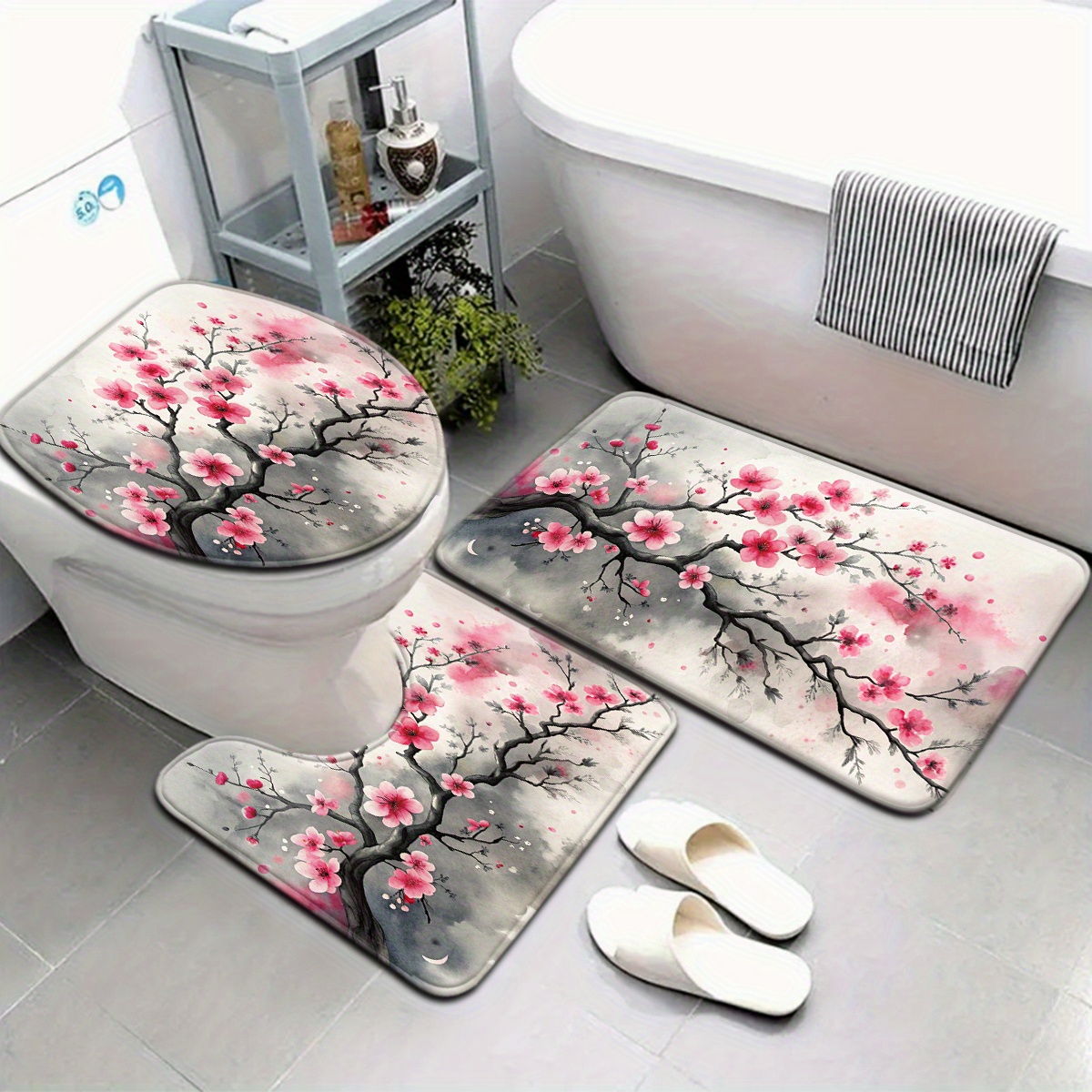 TEMU 3pcs/4pcs Single Plum Pattern Bathroom Floor Mat Set, Toilet Seat Cover, U-shaped Foot Mat. Soft Flannel Fabric, Non-slip And Machine Washable,