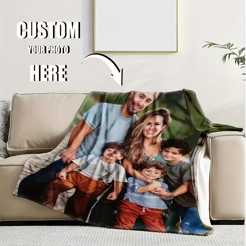 TEMU Couverture photo personnalisée 1 pièce avec vos propres images - Flanelle vintage couvre-lit toutes saisons, collage photo cadeau pour couples,