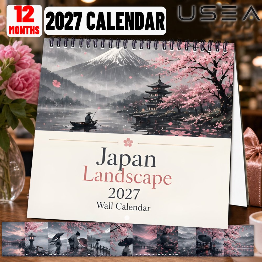 TEMU Calendrier mural 2027 - Thème paysage de , style d'art -E vintage, reliure à double fil; Présente les phases de et les fêtes américaines;