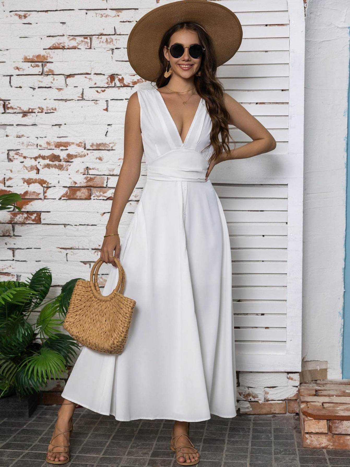 elegant white sleeveless midi dress v neck tiered skirt Temu