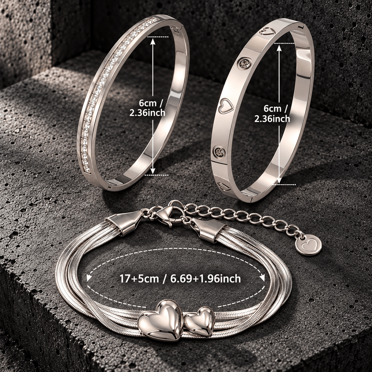 3pc Women's Multi-layer Snake Chain Bracelet Set, Heart Charm