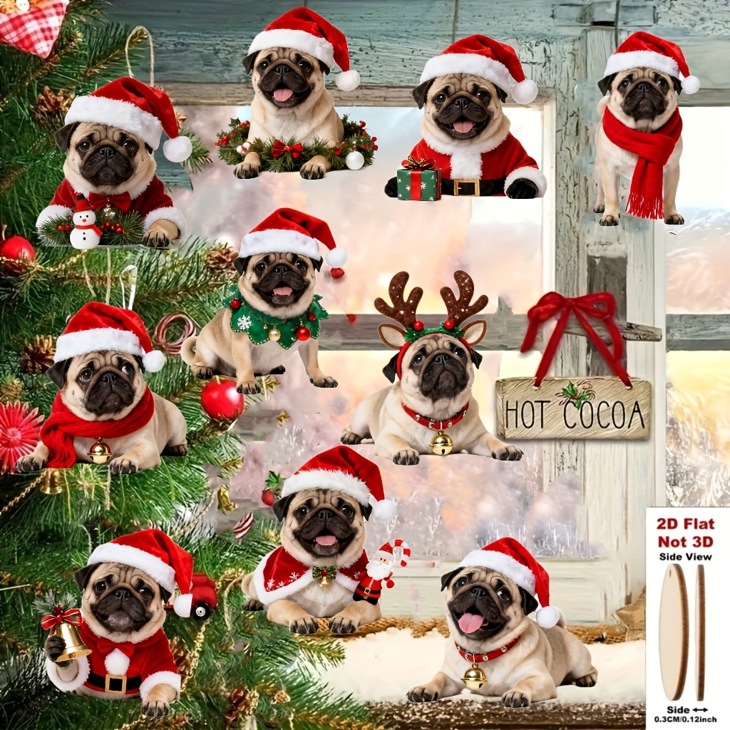 TEMU 2D Flat - 2Dflat, 10 Stück Mops Holz Weihnachtsornamente, Dekorationen, Hängeornamente für Zuhause, Feiertagsornamente, Feiertagsdekorationen,