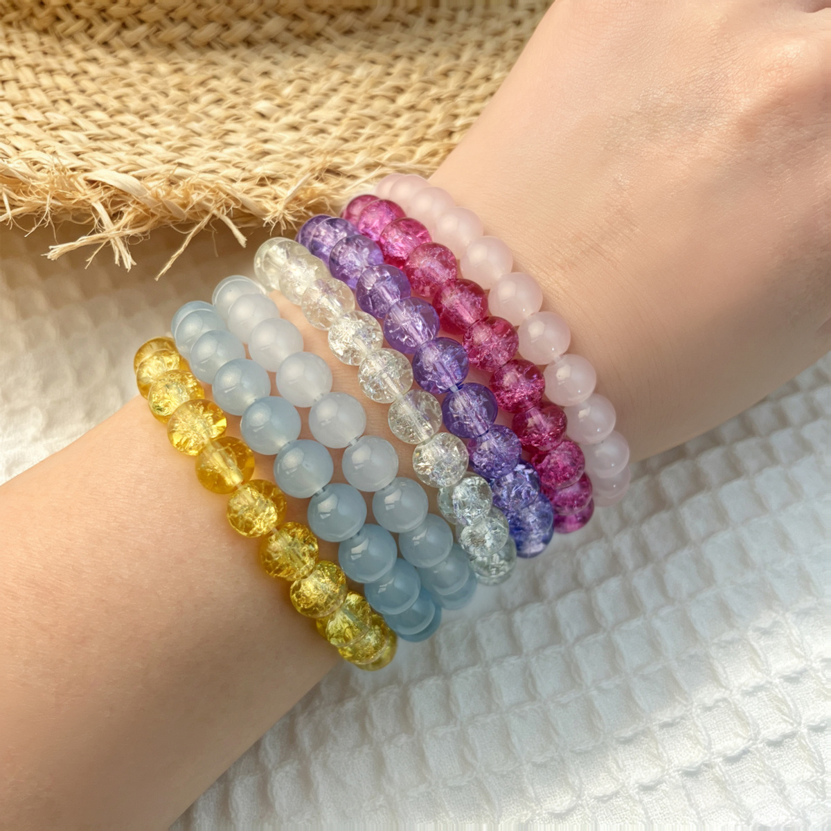 7pcs Fresh Icy Clear Floral Beaded Bracelet Set