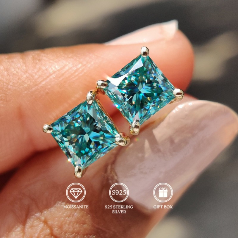 1pair 1Carat Classic 925 Silvery Blue-Green Princess Cut Moissanite Stud Earrings - Daily Wear and Ideal Anniversary or Christmas Gift for Women and Men