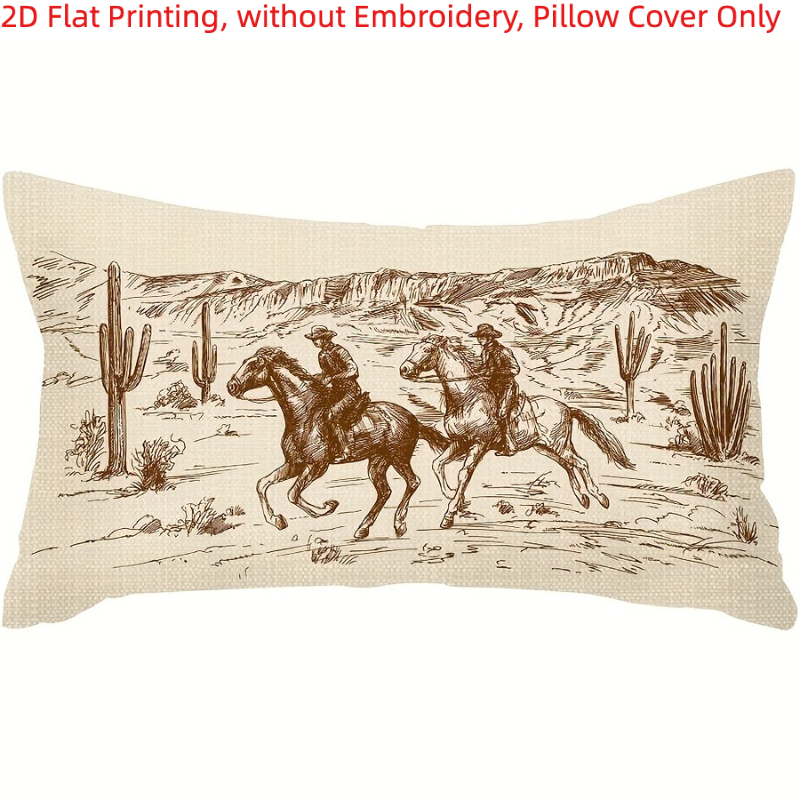 TEMU 1pc Western Cowboy Horse Riding Cactus Desert Throw Pillow Cover - Beige Wild West Cushion Case Suitable For Decor, Zipper Closure, Machine