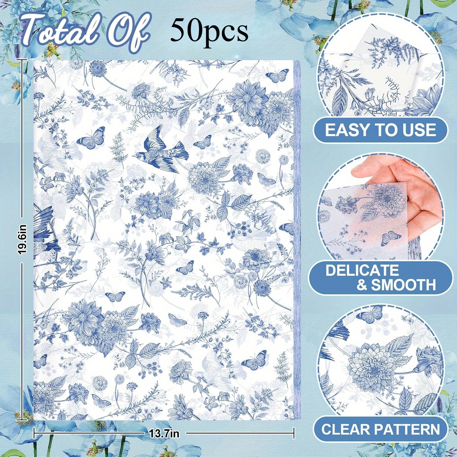 Image of 50 Sheets Of Blue Floral Patterned Gift Wrapping Paper Featuring Chinese-style And Butterflies, Suitable For Art Projects. Ideal For Decorations For Baby Showers, Weddings, And Birthday Parties