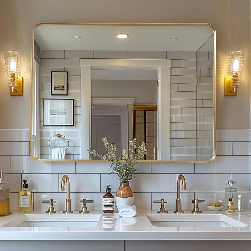 Specchio Da Bagno Con Cornice In Metallo | Rettangolare Angoli Arrotondati | Vetro Temperato 4 Mm | Nero Opaco