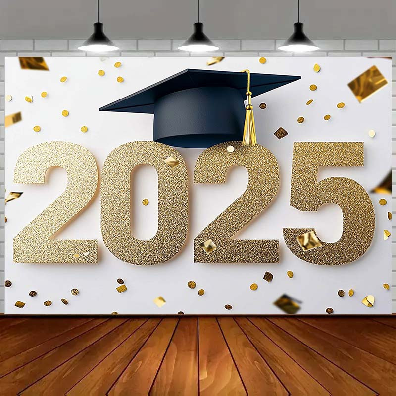 TEMU 2d Flat 1pc Golden Confetti 2025 Graduation Backdrop Banner - Polyester Multipurpose Party Decoration For Wedding, Birthday, Anniversary -