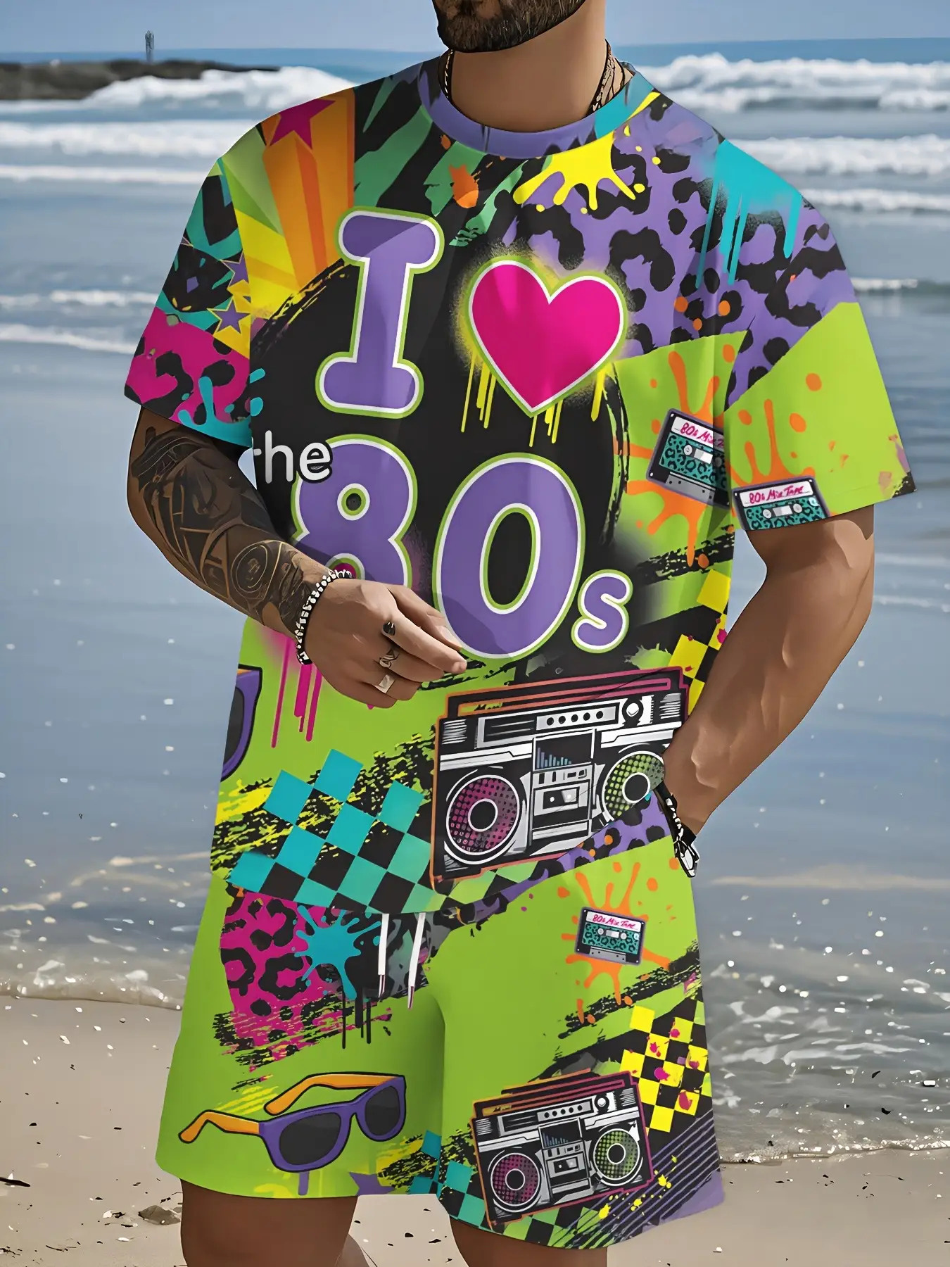 Herren Festival Outfit Set - Kurzes Pilz-Hawaii-Hemd Mit Hose & Fischerhut, 3-teilig, 100% Polyester, Für Rave, Strand, Party & Sommer