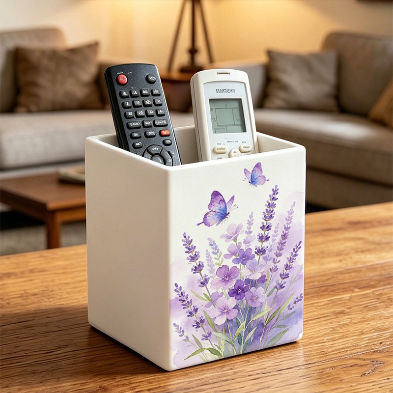 TEMU 1pc 10x7cm Square Pen Holder Storage Box, Watercolor Lavender And Plastic Storage Box - Lavender-colored Desktop Organizer, Compact Space-saving