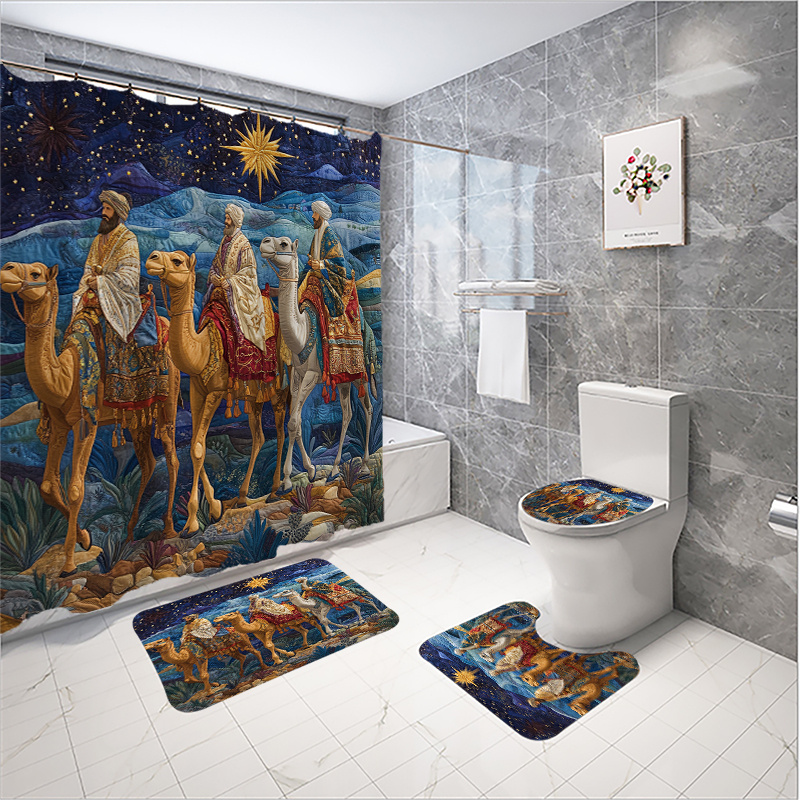 

1/3/4pcs Oriental Shower Curtain Set, Scene Bathroom Decoration, Bathroom Accessories Including Bathroom Carpet, U-shaped Mat, Toilet Seat Cover Mat, Waterproof 180x180cm Shower Curtain With 12 Hooks