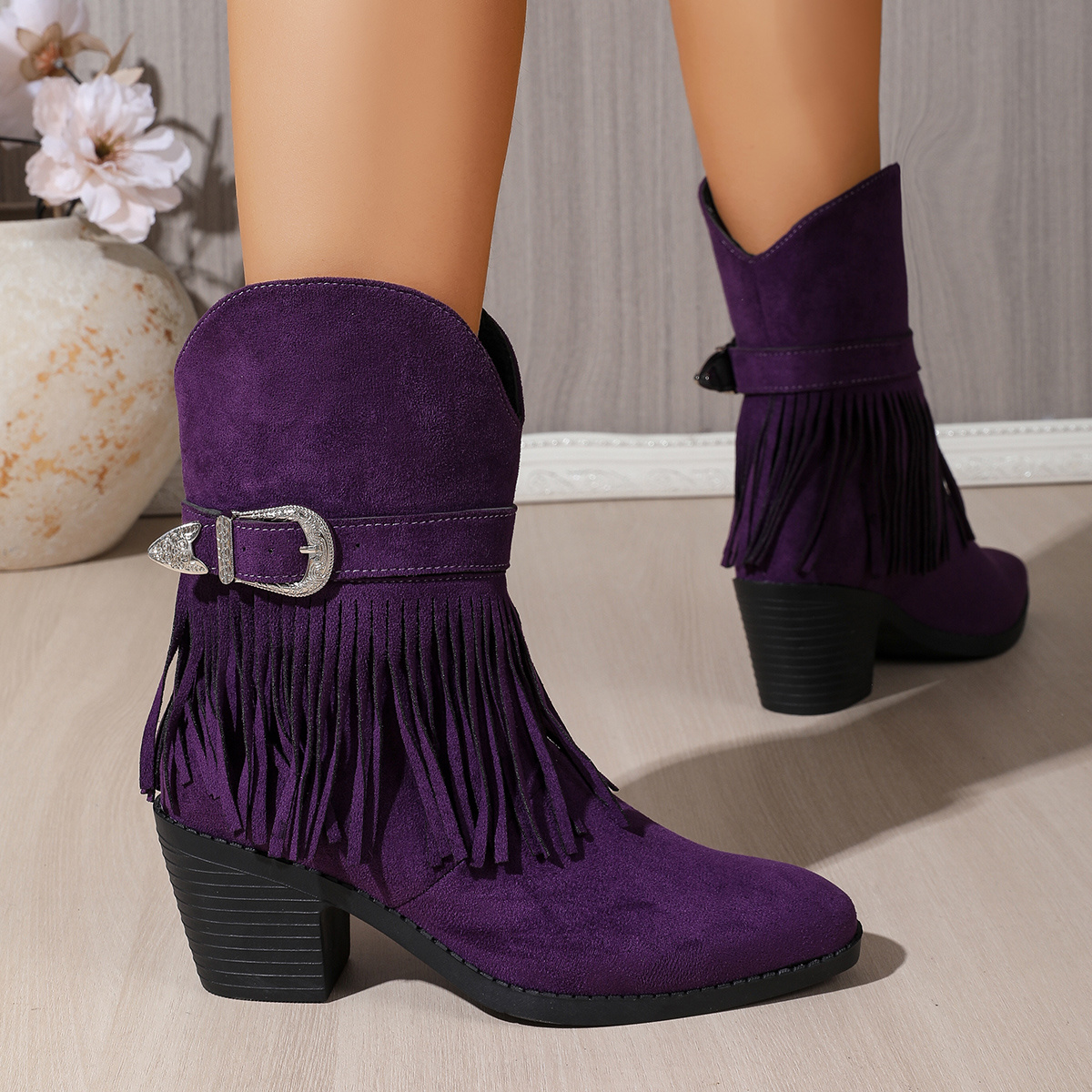 TEMU Purple Autumn/winter Tassel Casual Women's Ankle Boots, Round Toe Chunky Heel New Short Boots, Women Shoes