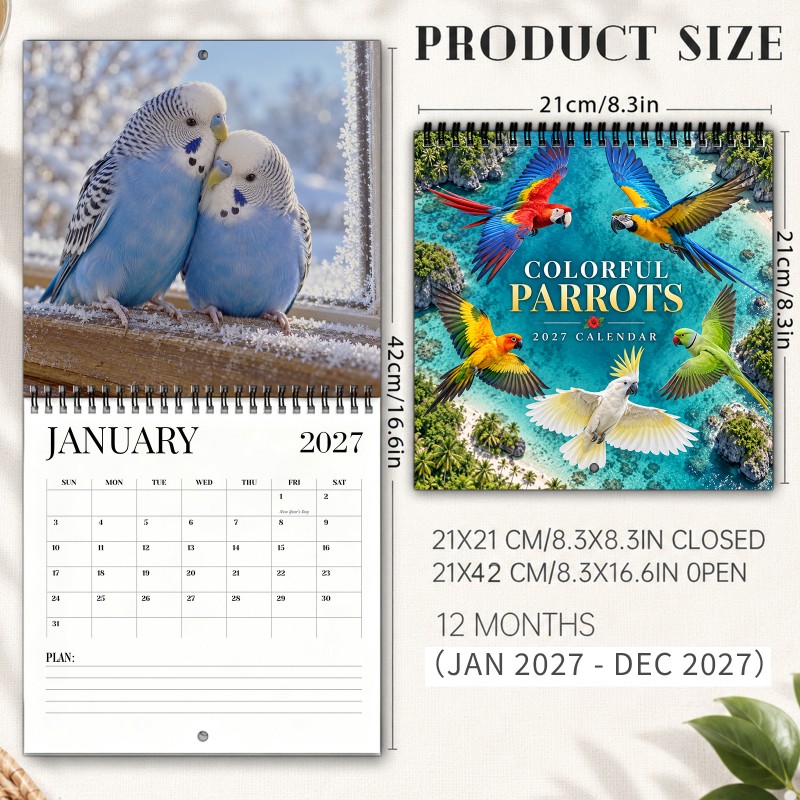 TEMU Colorful Parrots 2027 Wall Calendar 12-month Spiral-bound Hanging Calendar With Perches & Bright Feathered Portraits Thick Paper & Marked