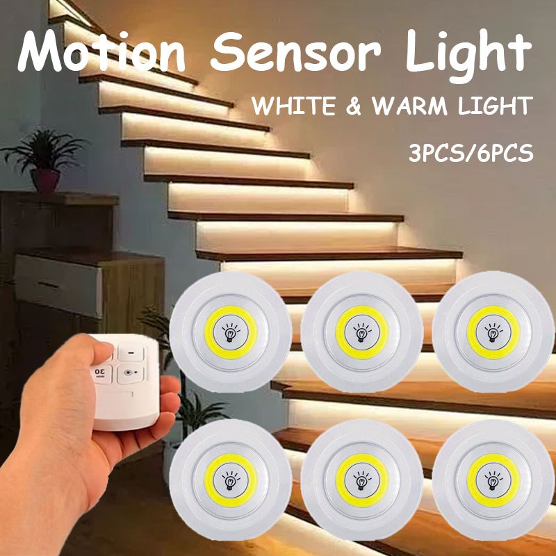 

6pcs/3pcs Motion Sensor Led Lights, Smart Wireless Cob Under-cabinet Lighting, Plastic Material, Battery Powered (), Remote Control Included, For , Stairs, Kitchen - No