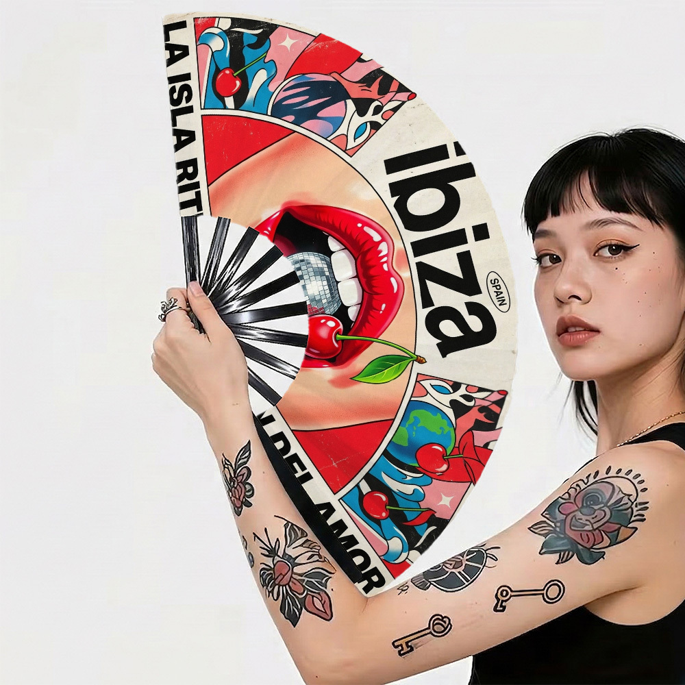 TEMU 1pc 1pcs Mediterranean Pop Art Folding Hand Fan With Ibiza Print - Portable Collapsible Cooling Fan Suitable For Summer, Music Festivals, Raves,