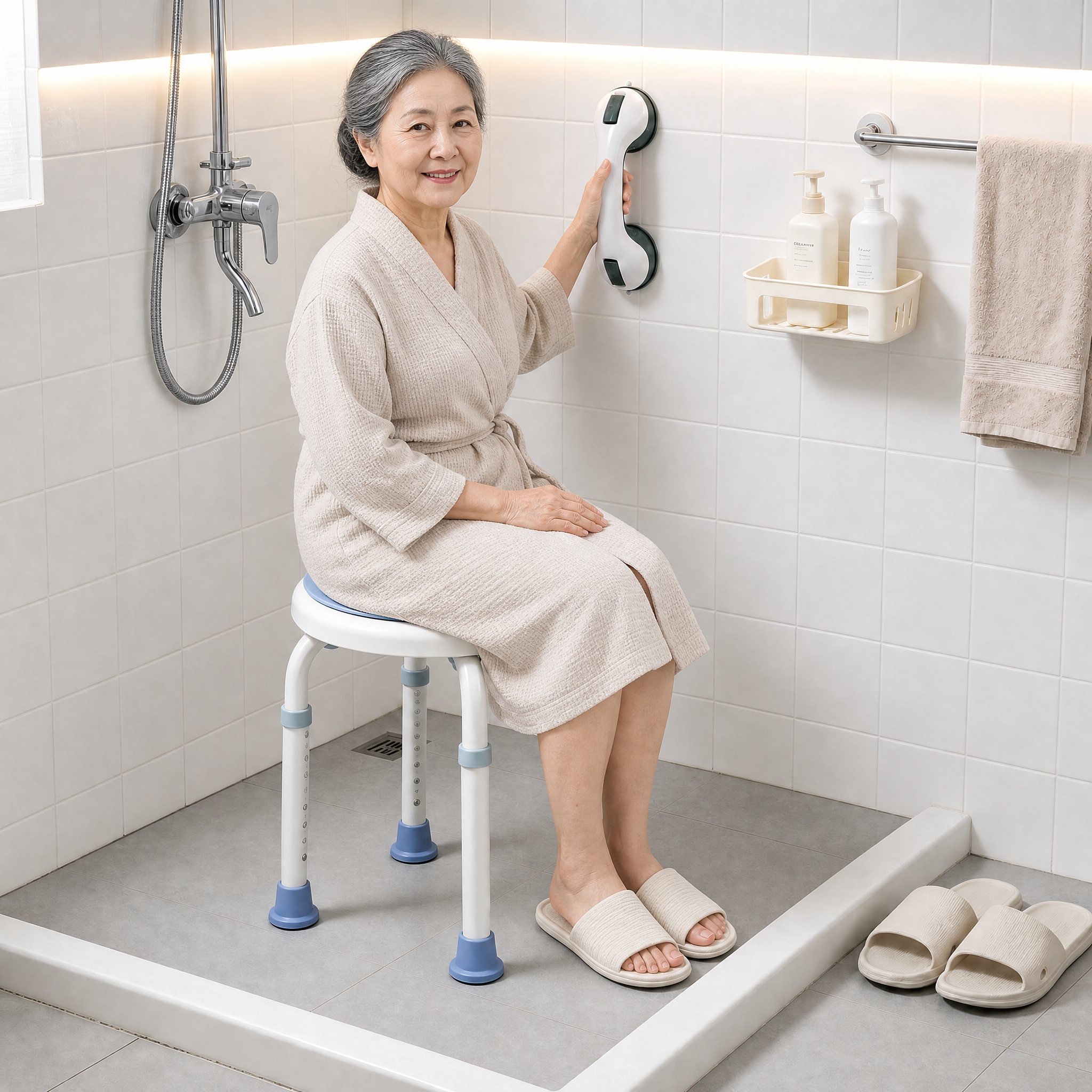TEMU Juego de taburete de ducha giratorio 360° con barra de de , silla de baño antideslizante de resistencia y altura ajustable multinivel para baño