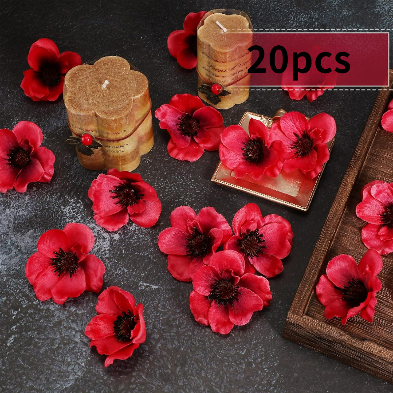 TEMU 20pcs Artificial Red Poppy Flowers, Stemless Flower Heads - Halloween, Autumn, And Decor, Garden And Home Decoration, Fall Ornaments