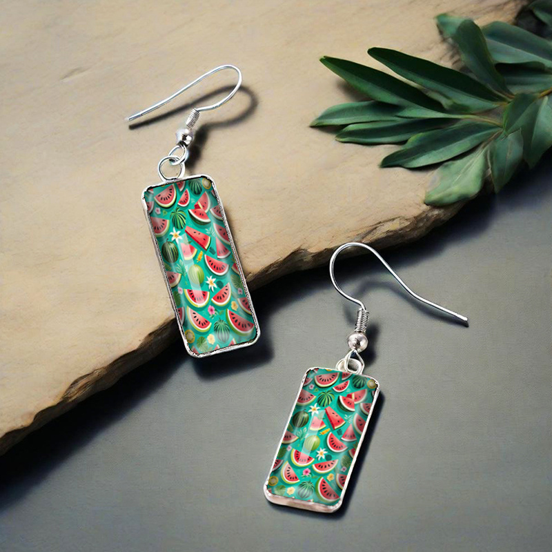 Women's Watermelon Pattern Rectangular Glass Earrings
