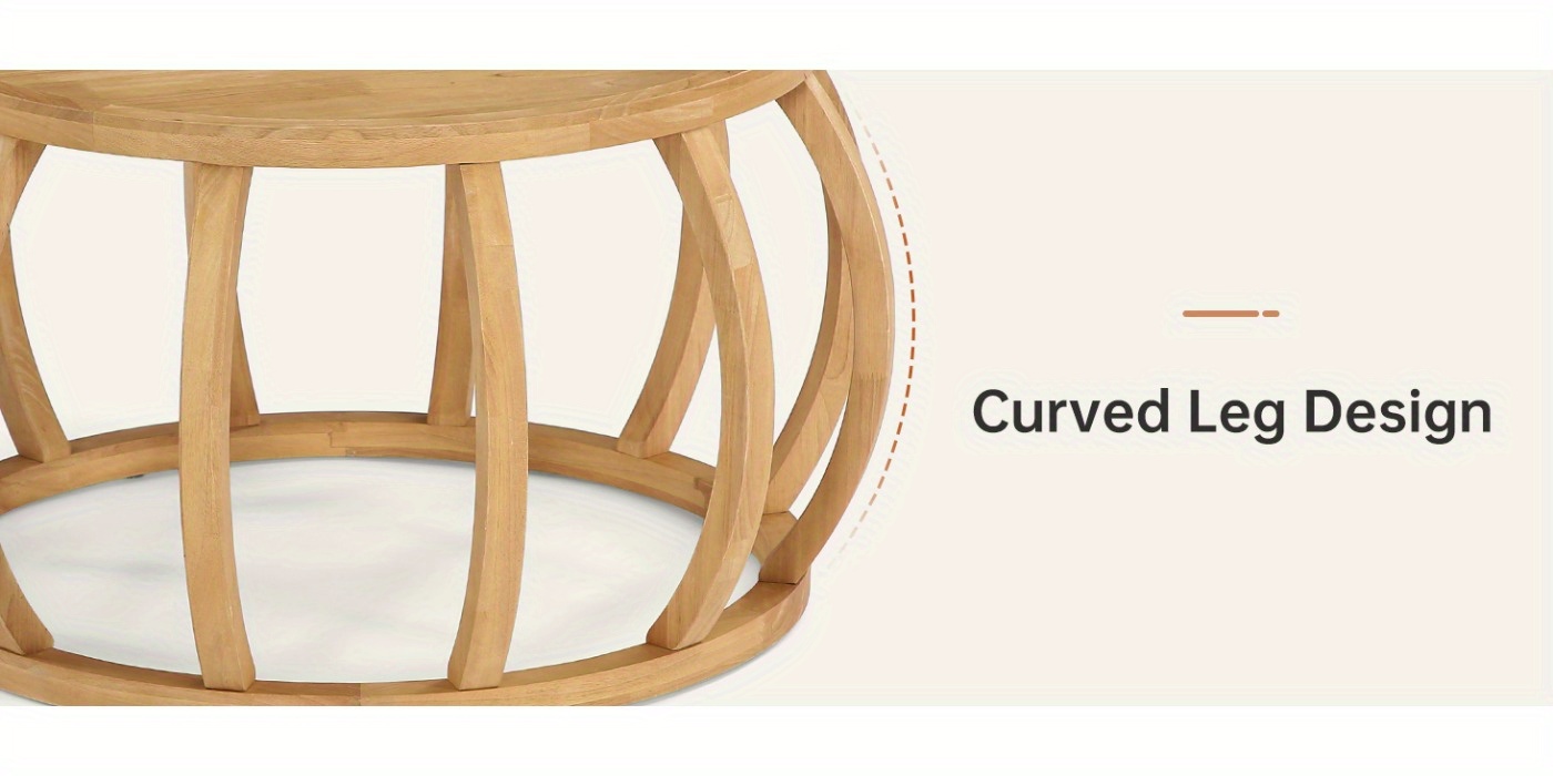 Solid Wood Coffee Table, 31.5-Inch Round Center Table with Curved Frame Base for Living Room, Easy Assembly, Natural