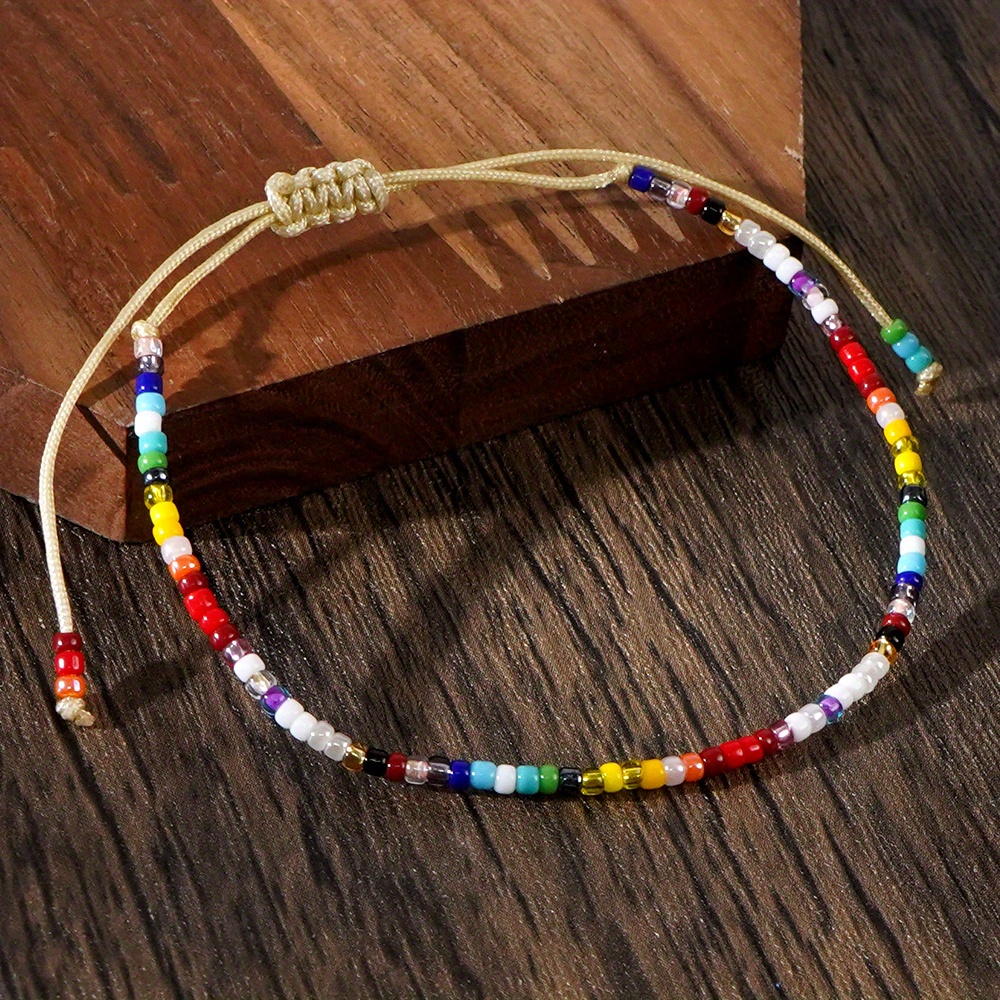 Boho Rainbow Glass Bead Bracelet Lightweight Yellow Cord Decorative Knots