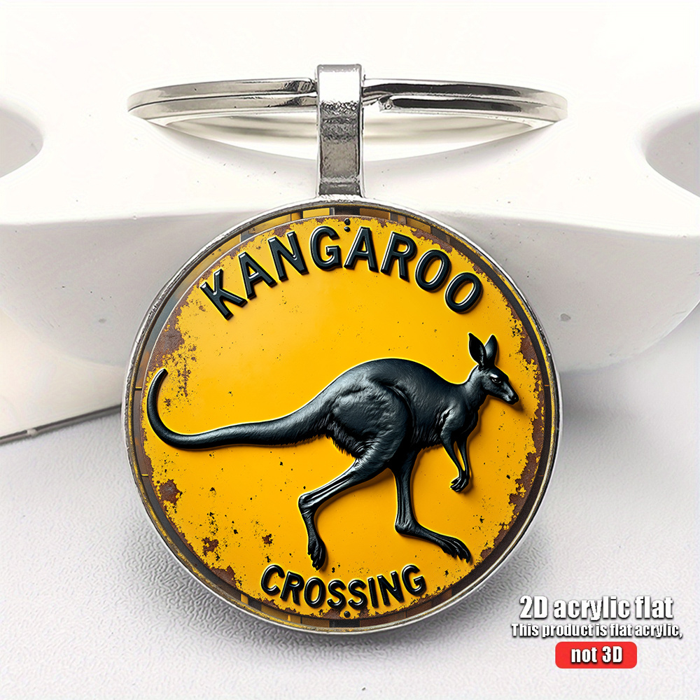 TEMU 2d Flat - 1pc 2d Flat Kangaroo Themed Keychain | Retro Design With Black Text On Yellow-orange Background, Ideal For Car Keys, Backpacks, And