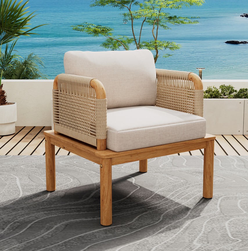 Outdoor Acacia Wood Rope Club Chair, Waterproof Cushioned Patio Dining Chair, Weather Resistant Patio Lounge Chair for Backyard Garden Porch Balcony, Easy Assembly Deep Seat Conversation Accent Chair with Removable Washable Beige Teak Cushion
