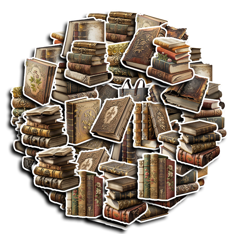 50pcs/set Handmade Creative Retro Book Stickers Journal Stickers Vintage Study Books And Teapots Books And Flowers Manual Stickers Journal Stickers Magazine Decoration