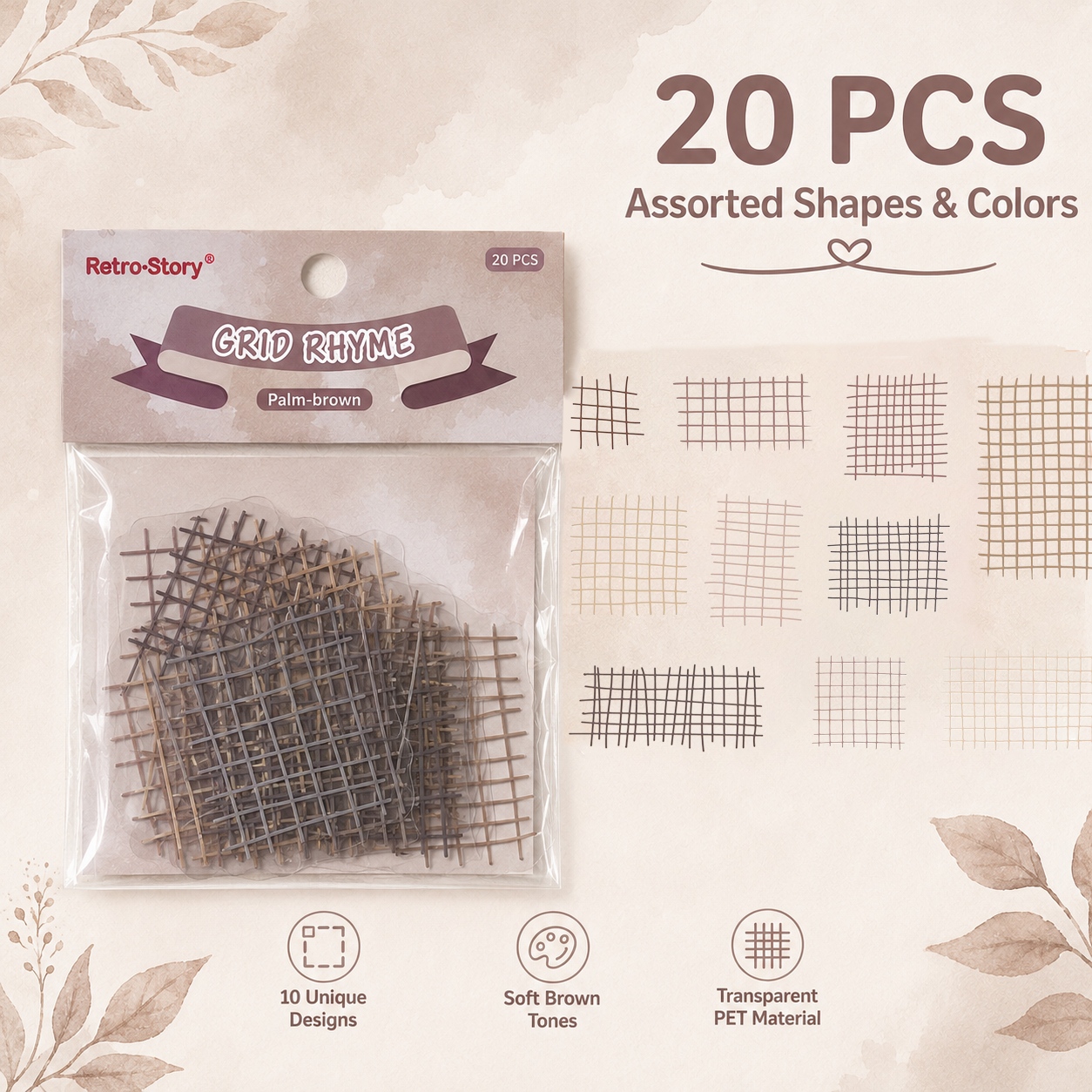 Image of 20 Sheets 10 , Grid Palm-brown Transparent Pet Stickers, Non-adhesive Clear Grid Decorative Stickers For Journaling, Scrapbooking, Planner, Collage, Diy Crafts