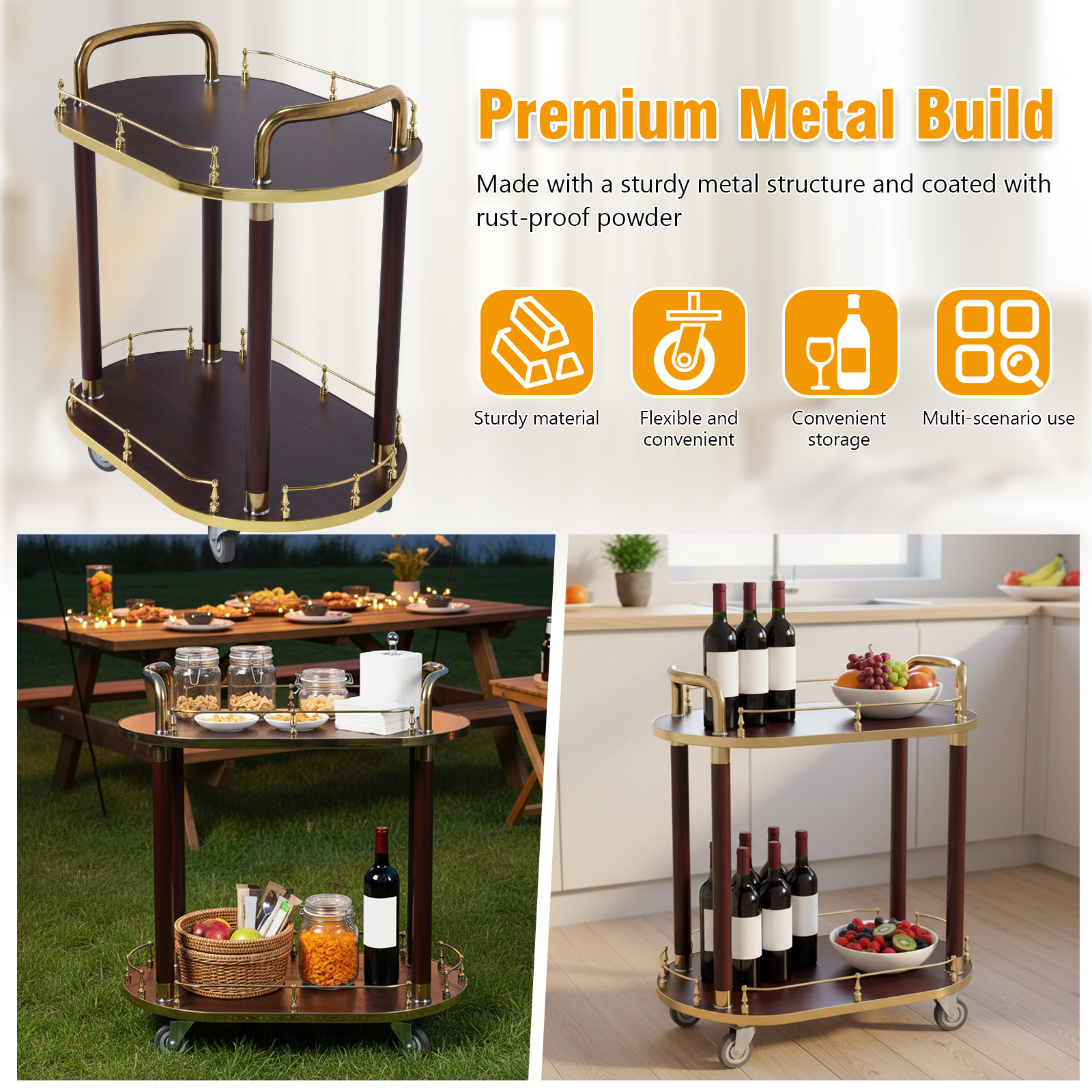 2-Tier Luxury Bar Serving Cart with Lockable Wheels - Fully Assembled
