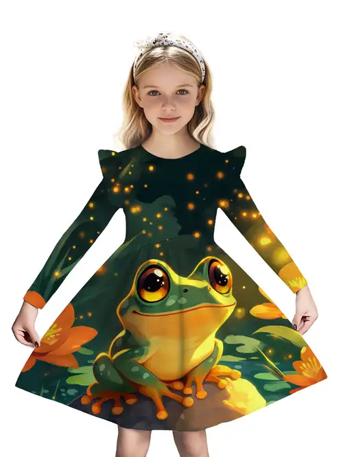 Playtime Dress Girls' Frog Print Sundress - Short Sleeve Casual Midi Dress, UPF 50+ Sun Protection Short Sleeve Casual Dress Playtime Dress Girls' Frog Print Sundress - Short Sleeve Casual Midi Dress, UPF 50+ Sun Protection Short Sleeve Casual Dress