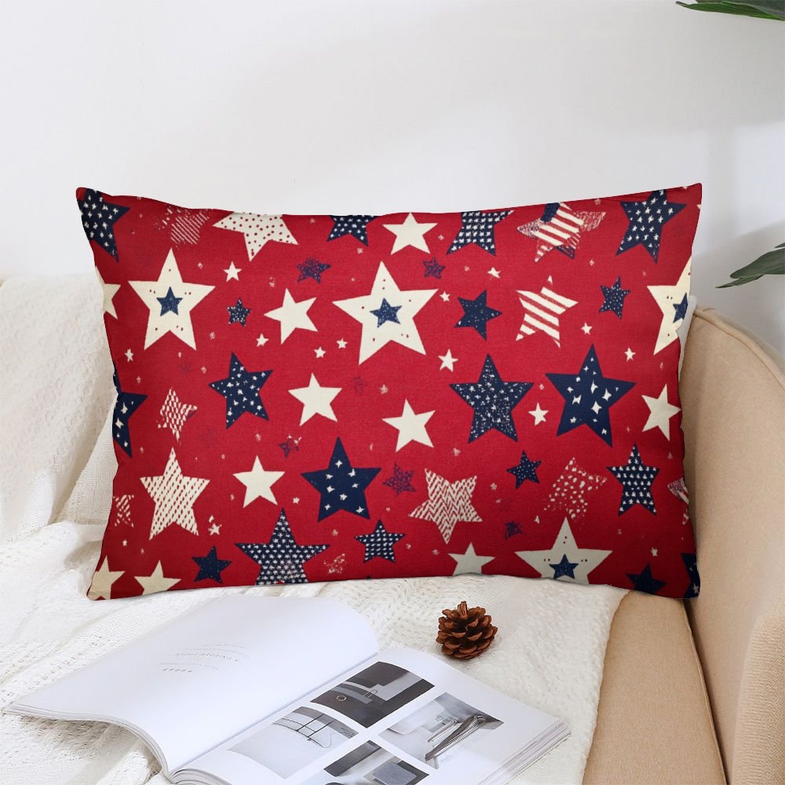 

1pc Patriotic Stars Plush Throw Pillow Cover 12x20 Inch - Red, White & Pattern, Polyester Cushion Case With Zipper For Living Room Sofa & Bedroom Decor, Machine Washable, Pillows For Couch