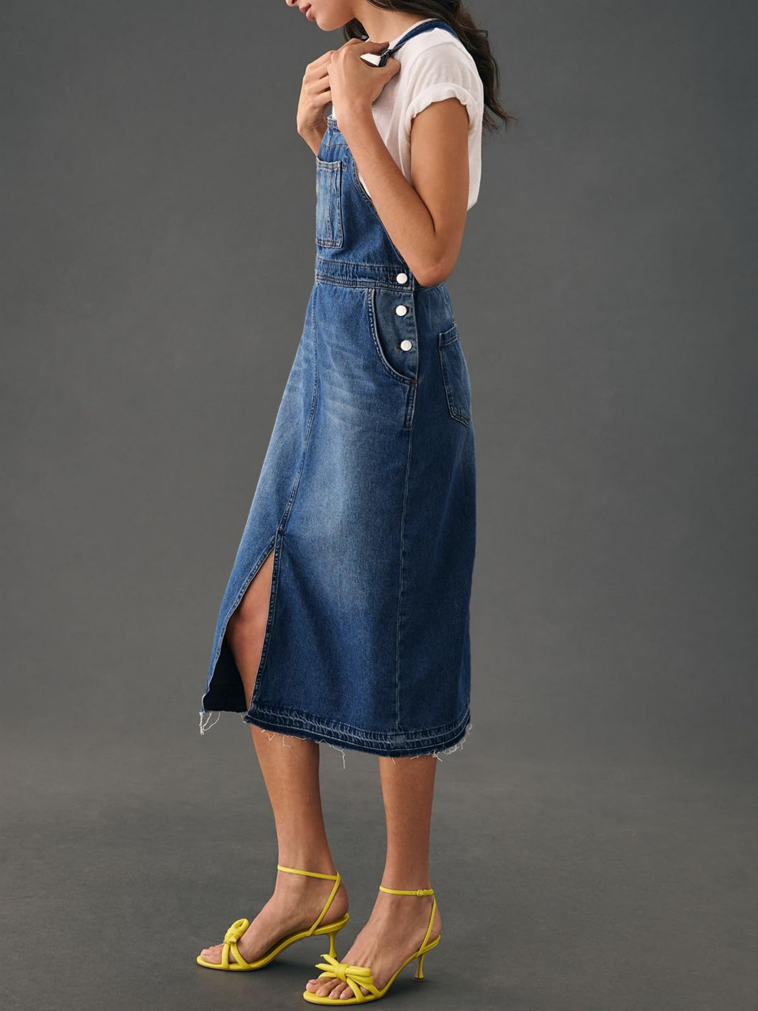 Womens Denim Overall Dress Casual Summer Adjustable Straps Front Split Jean  Overall Midi Dress