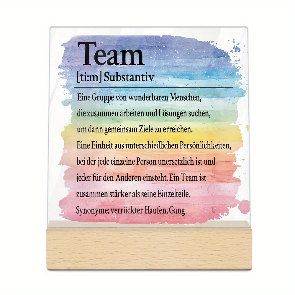 TEMU [2d Flat] 1pc German Acrylic Team Sign With Wooden Base - Inspirational Desktop Decoration For Home, Office, Studio, Or Workshop, Featuring A