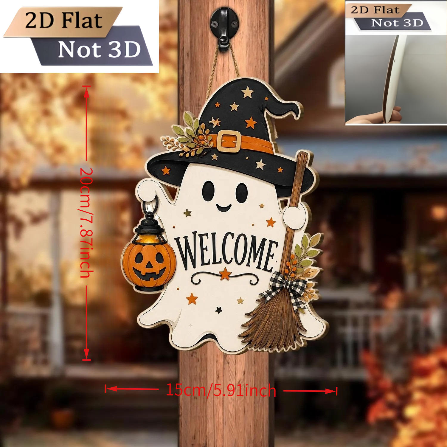 TEMU 2d Flat, 1pc Country Farmhouse Style Halloween Wooden Welcome Sign - Spooky Pumpkin Porch Decor With English Label, Artificial Wood, Irregular