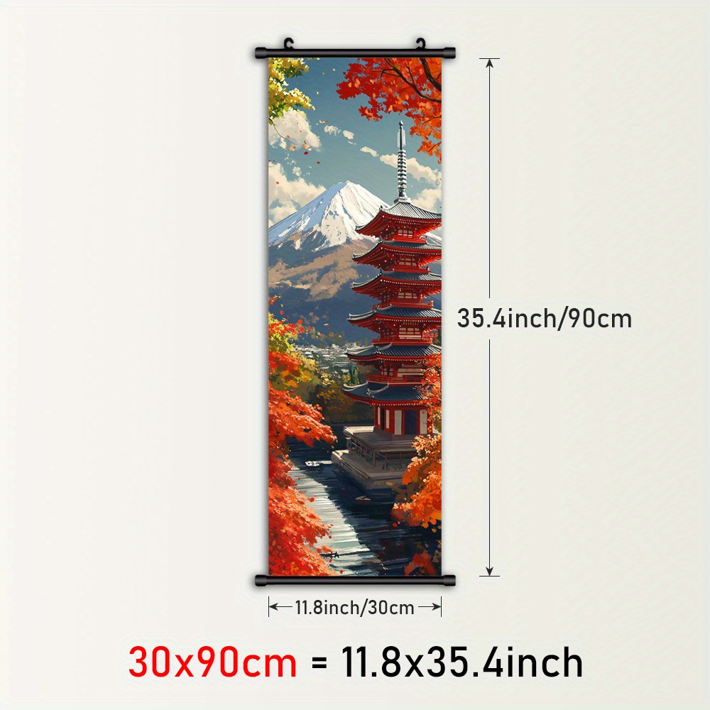 TEMU 1pc Framed Japanese Pagoda Canvas Wall Art With & Autumn Leaves - Traditional Asian Landscape Scrolls Painting Poster, Red Black , Plastic Frame