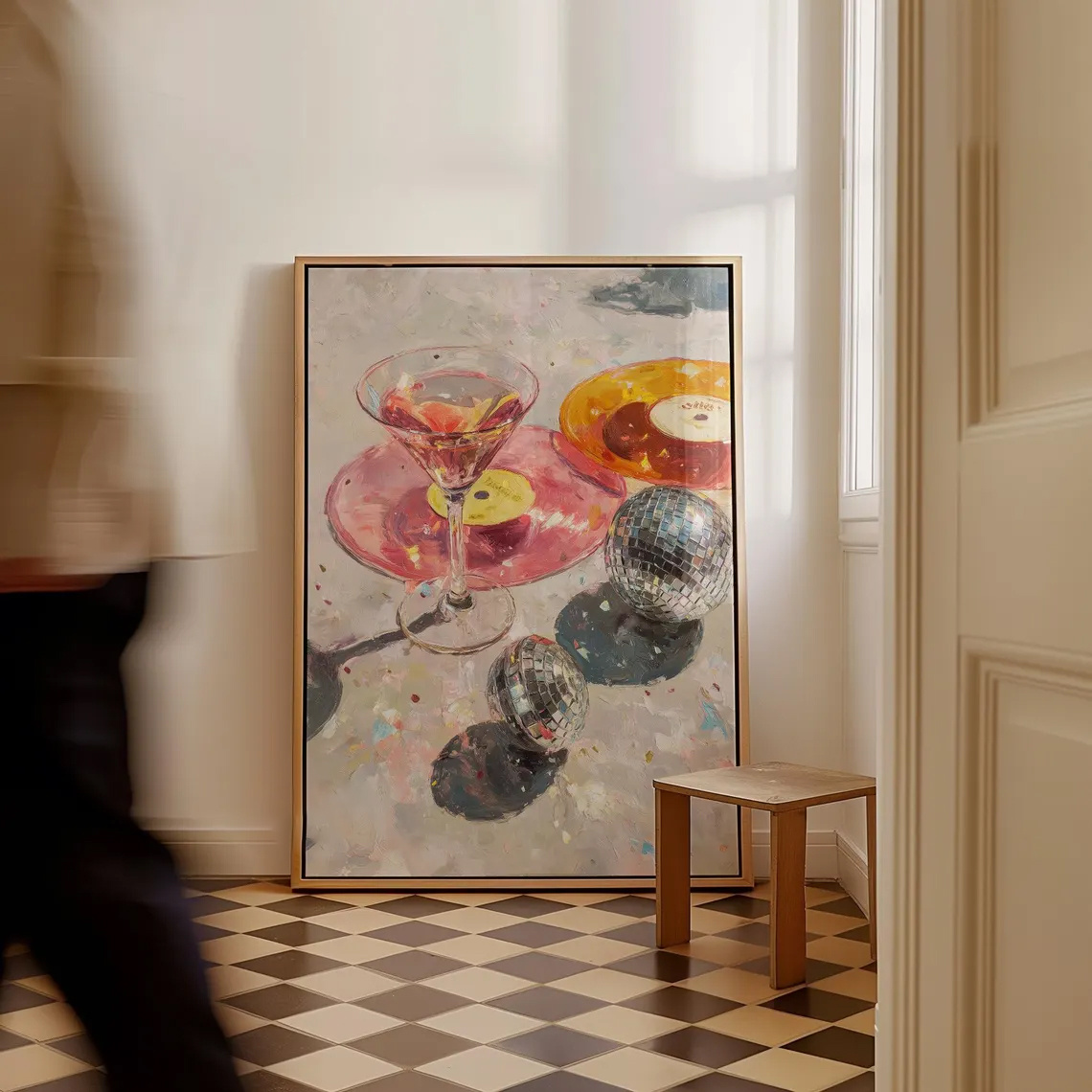 E-shop Vintage Martini und Disco Kugel Kunstdruck, Rosa Glitzer Leinwandgemälde – Moderner minimalistischer Stil, Rahmenloses Poster für Schlafzimmer