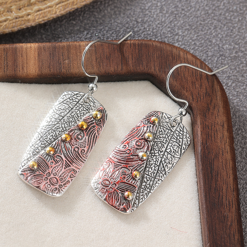 Ethnic Rectangular Three-Color Carved Flowers Dangle Earrings