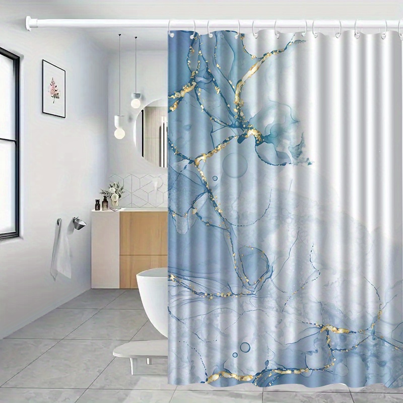TEMU High-quality Shower Curtain Featuring A Blue Marble Design With Golden Accents, Perfect For An Elegant Bathroom Decor, Suitable As A Decorative