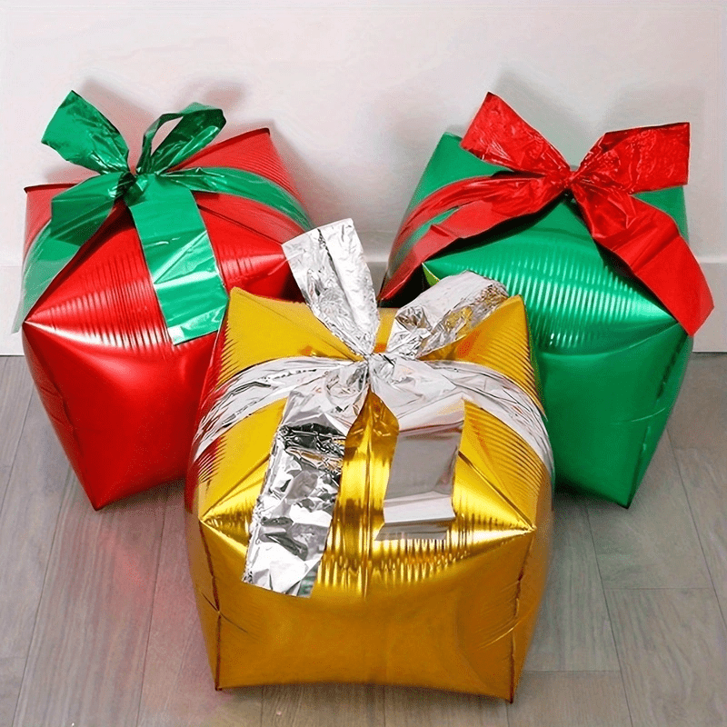 TEMU 3pcs 22-inch Mixed Colors Christmas Gift Box Shaped Foil Balloons, Suitable For Christmas Party Decoration Balloons, New Year Party, Birthday