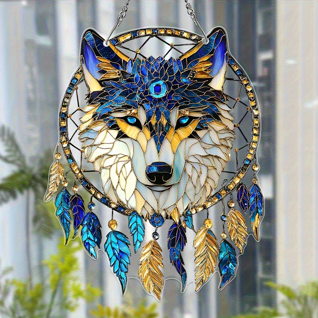 TEMU 2d Flat, 2d Plane, Gray Wolf Dreamcatcher Sun Catcher - Acrylic Painted Window Hanging Ornament, Indoor/outdoor Decoration Suitable For Porch,