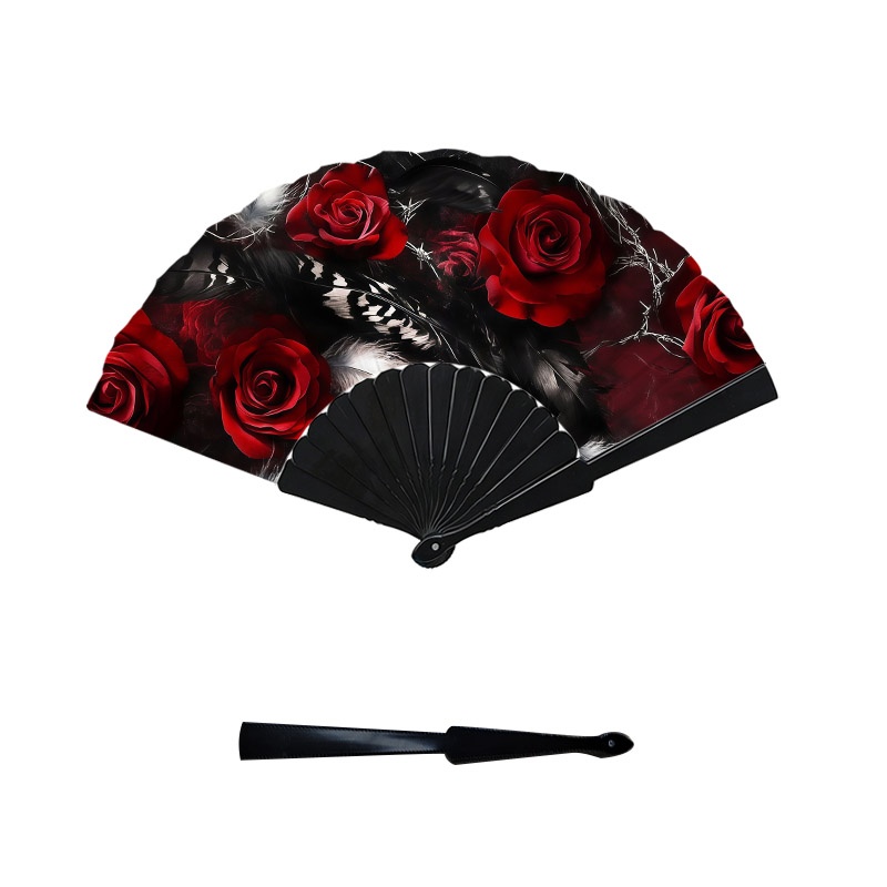 TEMU 2d Flat, 2d Single-sided Print Dark Gothic Style Red Rose And Black & White Feather Print Handheld Fan, 1pc Plastic Rib Portable Decorative Hand