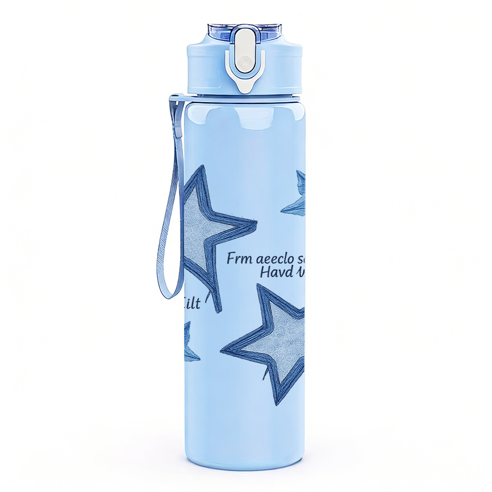 TEMU 1pc Blue And White Five-pointed Star Simple Starry , 750ml/26oz Colorful Plastic Sports Water Bottle, Tumbler, Cute Printed Design, Leak-proof