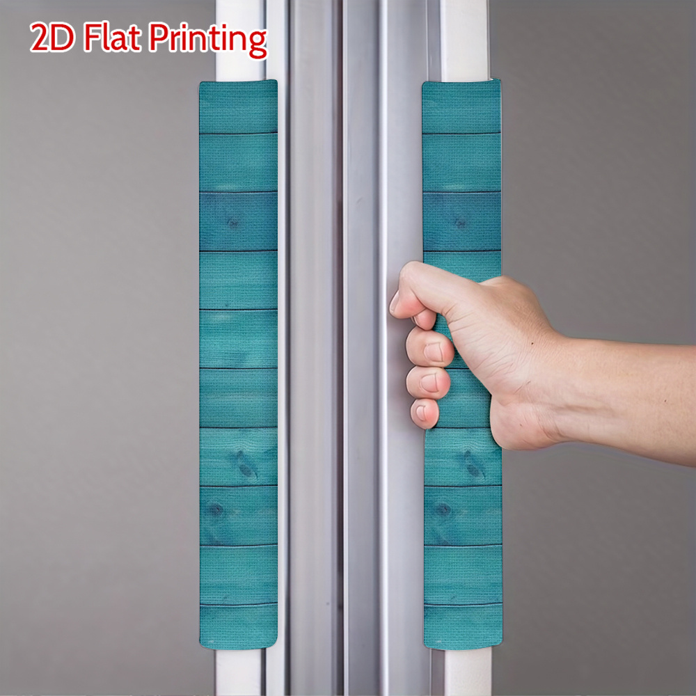 TEMU 2pcs 2d Flat Wood Grain Teal Printed Refrigerator Door Handle Covers (handles Not Included), Soft Fabric, Removable And Reusable, Suitable For
