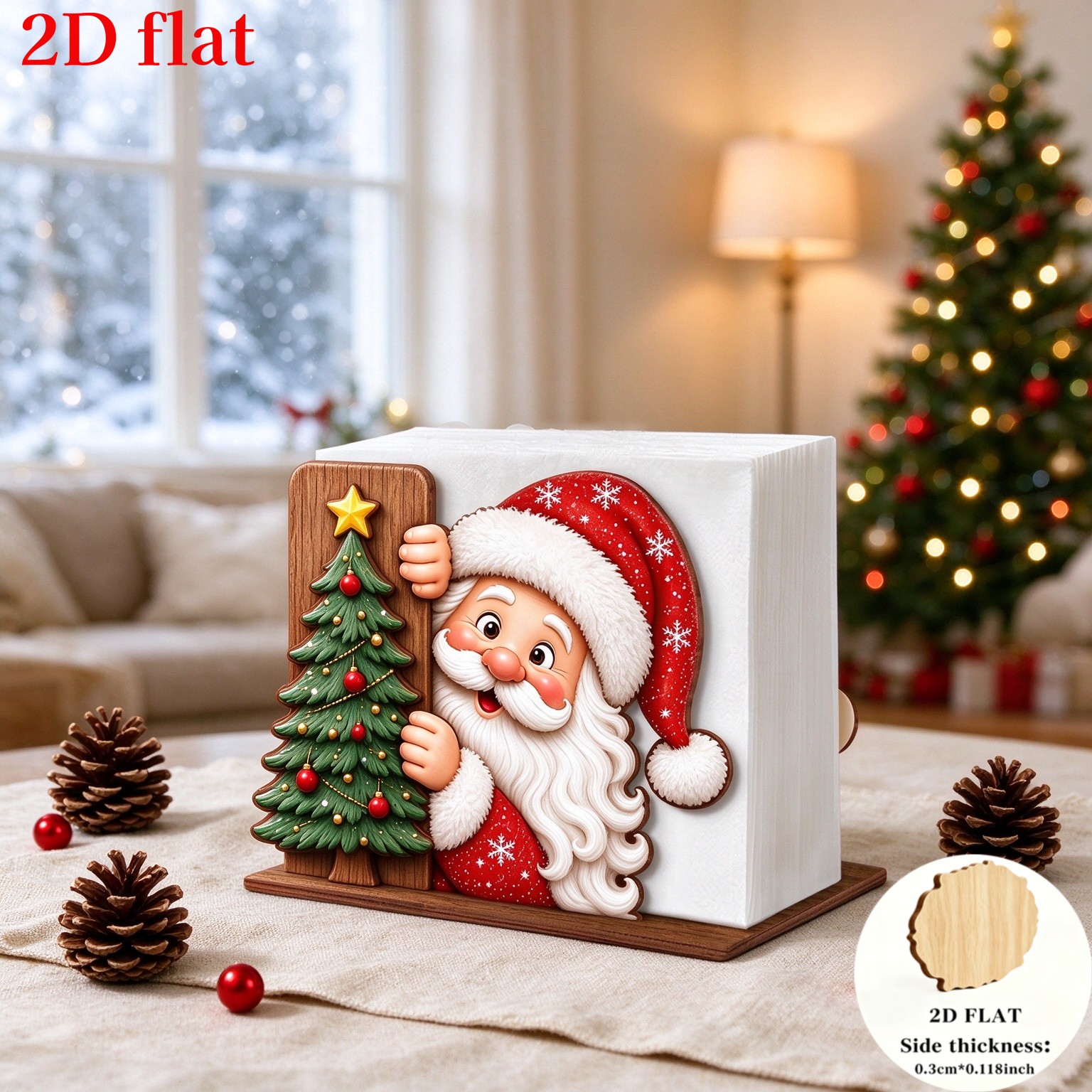 TEMU 2d Flat, 1pc Christmas-themed Wooden Tissue Holder Ornament. Compatible With Standard Square Napkins And Small Tissue Packs . Features A Sturdy