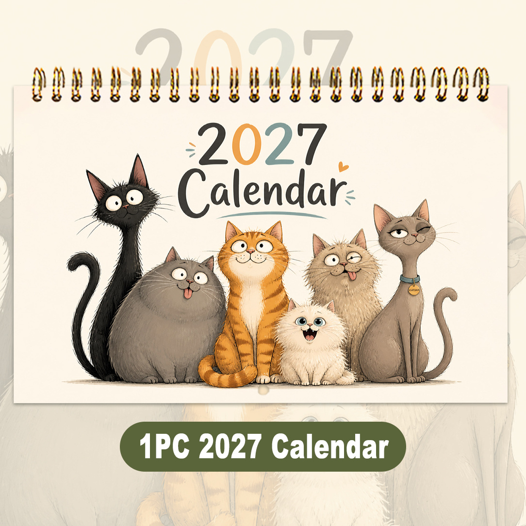 TEMU 1pc 2027 Illustration Wall Calendar | Cartoon Multi-cat Illustration Themed Calendar, A5vsa4, 2 Sizes Available, Ample Writing Space, Holiday ,