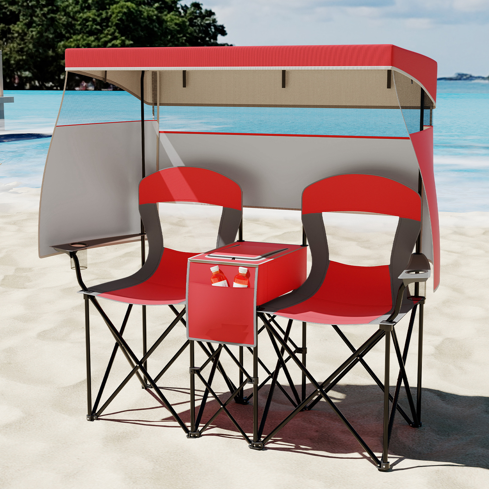 TEMU Oversized Folding Camping Chair For 2 With An Adjustable Canopy, Featuring A Roll-up Shade, Cooler Bag, Cup Holders, Storage Pouch, And Carrying