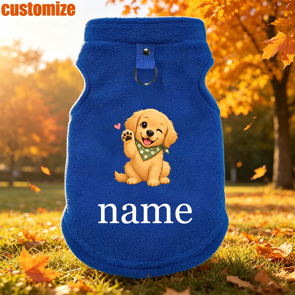 TEMU Personalized Custom Name Pet Clothing, Adorable Waving Cartoon Golden Retriever Print, And , With Lead Clip For Convenient Dog Walking,