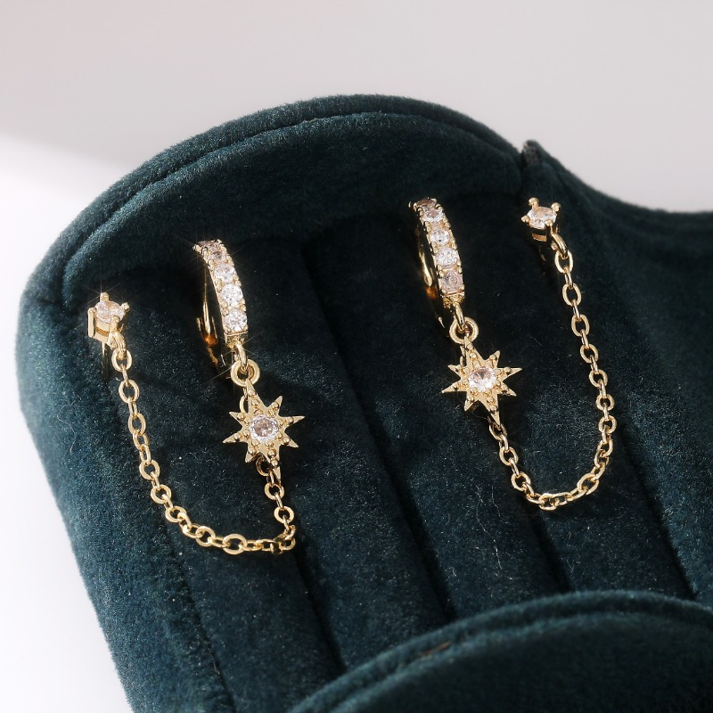 E-shop Böhmische Kettenohrringe für Damen, Doppelpiercing-Ringe, -Ringe, Synthetische Zirkonia-Ohrringe, Modische Ohrklemmen, Alltags-Ohrringe,